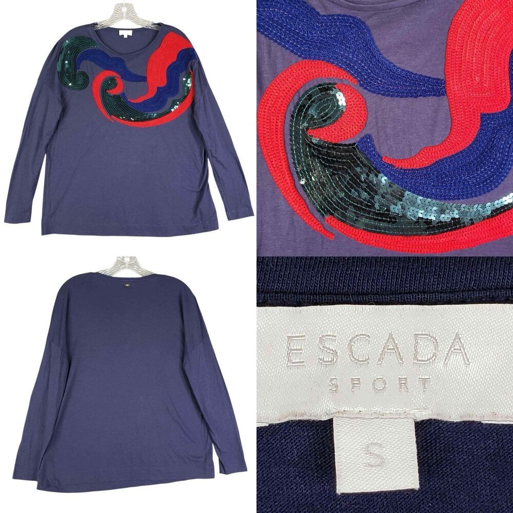 Escada Sport Blue Long Sleeve Tee Shirt Top Women’s Size Small S Art To Wear